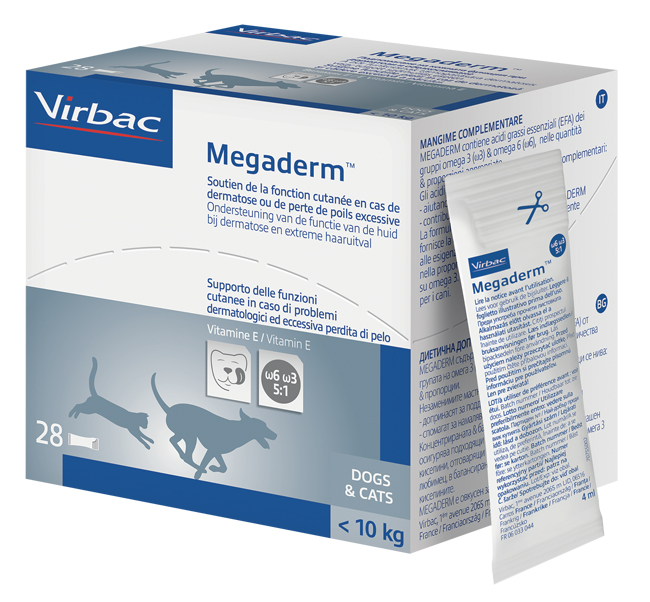 MEGADERM SUPPLEMENTO GATTI E CANI INFERIORI A 10 KG SCATOLA DA 32 SACCHETTI MONODOSE 4 ML - Antica Farmacia Celesia